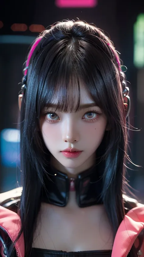 (masterpiece, highest quality, highest quality, Official Art, beautifully, aesthetic:1.2), Portrait Photography, (Cyberpunk beautiful girl 1 person), Big iridescent eyes, Beautiful skin, (Pink and blue long hair with bangs), Very detailed, (Neon colored fr...