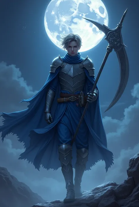 A Handsome Boy Age 20Wear a silver Armor Sixpack,use A Long Blue Robe with Star and Moon Pattern,Messy Hair Hairstyle,Brown gradient Grey Hair,Carrying a Big Scythe,Flying at The sky,Illuminated by the moonlight at night,And surrounded by nighttime fog