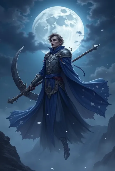 A Handsome Boy Age 20Wear a silver Armor Sixpack,use A Long Blue Robe with Star and Moon Pattern,Messy Hair Hairstyle,Brown gradient Grey Hair,Carrying a Big Scythe,Flying at The sky,Illuminated by the moonlight at night,And surrounded by nighttime fog