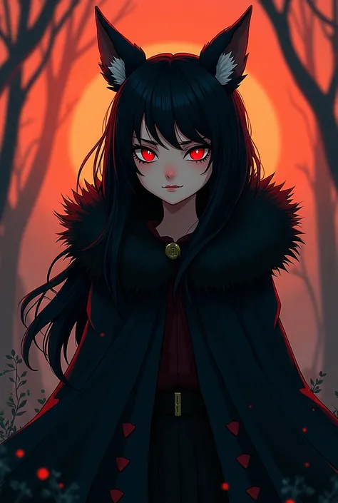 Dont Starve style, masterpiece, best quality, ultra-detailed, illustration, 1girl, black long hair, full red eyes, wolf ears, black mantle, fluffy collar, sunset