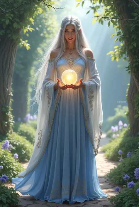 Amo, the goddess of healing and sacrifice, is a figure of calm and serenity. She has long, silver hair, which falls in soft waves around her shoulders. Her eyes are a calming violet, full of wisdom and compassion. She wears a simple yet elegant gown of sof...