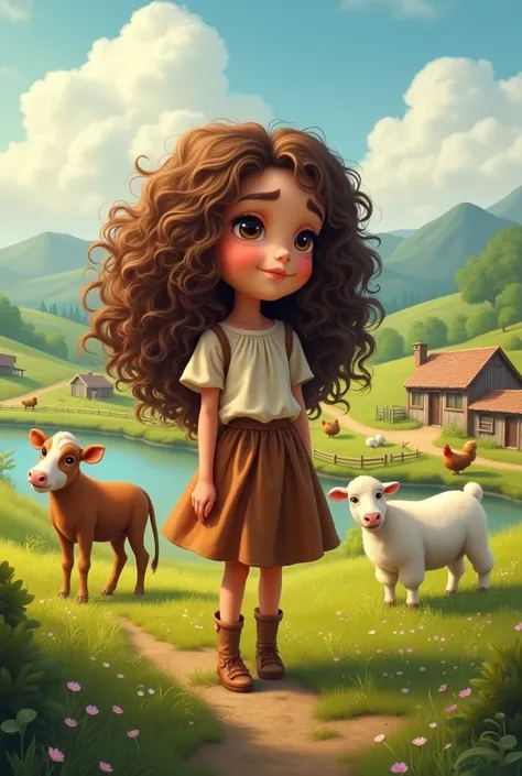 A girl with curly hair on a farm with farm animals on the banks of the river
