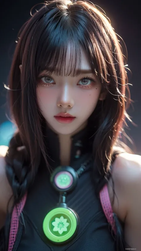 (masterpiece, highest quality, highest quality, Official Art, beautifully, aesthetic:1.2), Portrait Photography, (Cyberpunk beautiful girl 1 person), Big iridescent eyes, Beautiful skin, (Pink and blue long hair with bangs), Very detailed, (Neon colored fr...