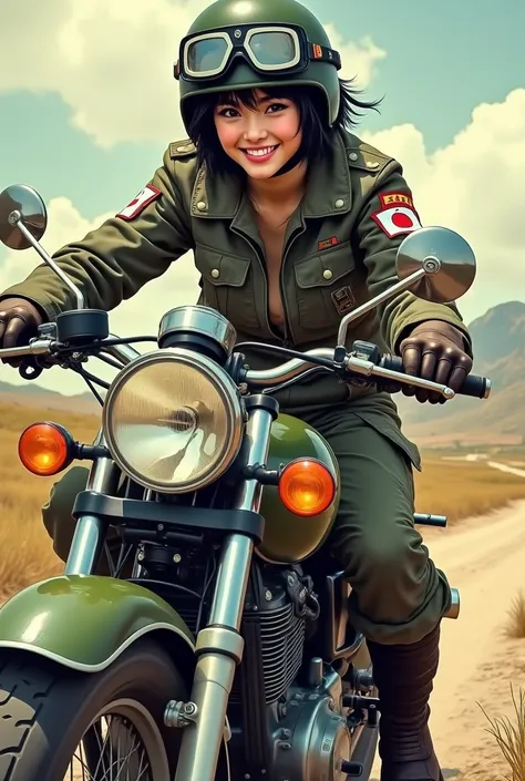    pop art  . Young beautiful disheveled dark haired ,   short hair, ,Smiling Japanese woman　Durable cargo pants, Durable boots, Vintage Helmet、Goggles and gloves,   、 Im wearing a flight jacket with a Japanese flag patch on my shoulder、  riding a military...