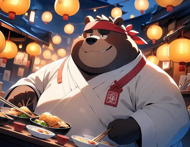 The man with the big fat bear, Fat face、masterpiece,  best quality , Very Beautiful 、Night food stalls、Ramen Stalls 、Headband