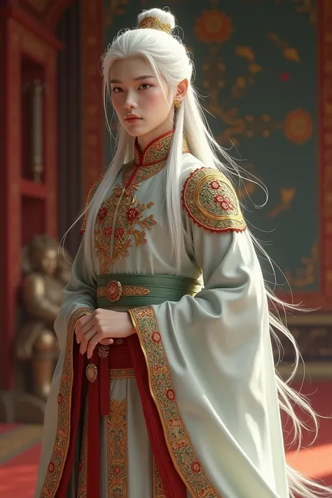 Chinese royal young feminine man with white long hair with uniform 