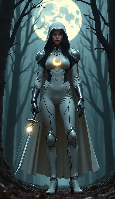 A realistic full-body depiction of a hybrid character combining Snow White and Moon Knight, standing in a shadowy, moonlit forest. She wears a sleek, white and silver suit inspired by Moon Knight’s iconic armor, with the crescent moon symbol glowing faintl...