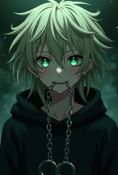 Dark cute anime boy with light dreadlocks and green eyes, with handcuffs hanging from his mouth