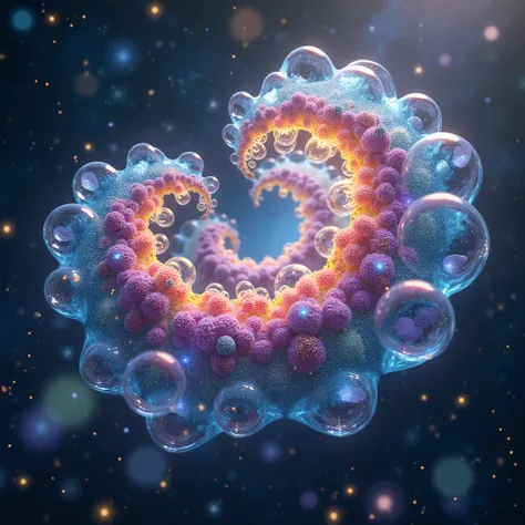  a huge spiral of transparent magic bubbles (( bubbles are filled with gas ,unusual pollen , particles of energy inside ,,  bubbles of different colors and sizes )))  hanging in space against the background of stars and constellations , endless space , a s...