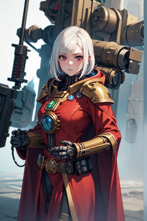 female warrior, (best quality:1.6), (, white hair), red cape, (warhammer 40k art:1.4), , walking, (background: spacious spaceshi...