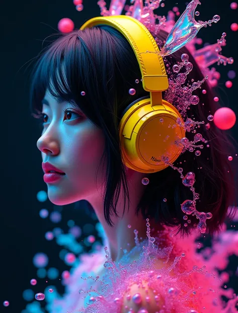 captivating and surreal digital artwork of a beutifull Asian woman profile, where she dons a stylish ren and yellow neon headphones. Her black hair and face merge seamlessly with an array, liquid-like forms, such as splashes, drips, and bubbles, in a dazzl...