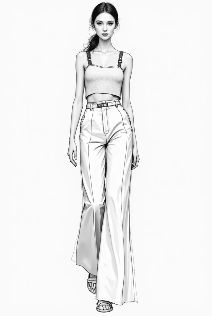  Create a feminine fashion figure inspired by an urban style .  The upper garment has straight straps and a decorative detail of buttons in the shape of a double row ,  made of a light and structured fabric in neutral and elegant colors such as white , bla...