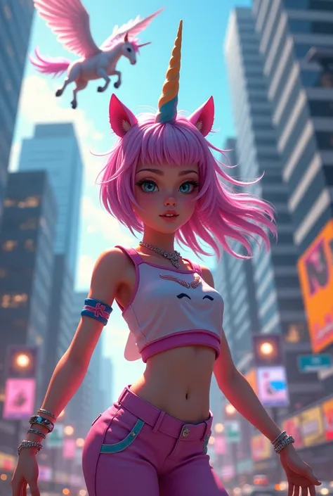 A girl dressed in a unicorn-faced rocker outfit in a city with skyscrapers and traffic, a flying unicorn , realistic mode 