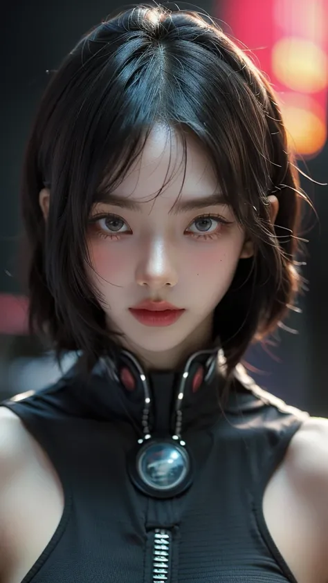 (masterpiece, highest quality, highest quality, Official Art, beautifully, aesthetic:1.2), Portrait Photography, (Cyberpunk beautiful girl 1 person), Big iridescent eyes, Beautiful skin, (Pink and blue long hair with bangs), Very detailed, (Neon colored fr...