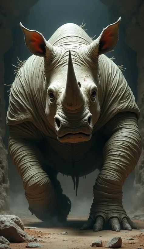  create a hybrid version where features of the mummy  and rhino are combined into a single, seamless entity with a monstrous dangerous with mummy part appearance and background intense their expression.