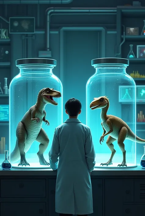 "A scientist in a lab coat observes two creatures, a Velociraptor and an Archaeopteryx, contained within large glass jars. The Velociraptor is in the left jar, positioned slightly off-center, with its sharp claws visible and its head slightly tilted, showi...