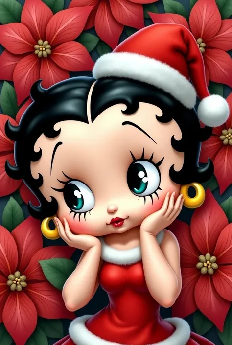 Baby betty boop, two hand touched to face, in christmas wear and christmas hat, smile, background full of red poinsettias flowers and green leaves, “MERRY CHRISTMAS” black word in semi circle “gigi” font style, romantic style 