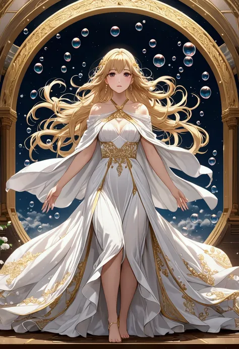 ((masterpiece)), (( best quality )), 8K, HD,  super detailed , (Miss), ( The white dress has a gold border ), (Blonde hair shawl scattered), (Full body display 1.4) Magical Bubbles floating everywhere,这幅艺术作品是masterpiece,  high quality，Super detailed , capt...