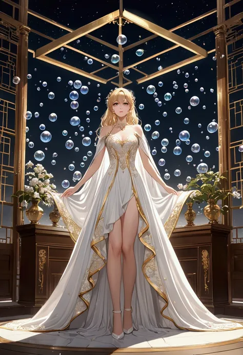 ((masterpiece)), (( best quality )), 8K, HD,  super detailed , (Miss), ( The white dress has a gold border ), (Blonde hair shawl scattered), (Full body display 1.4) Magical Bubbles floating everywhere,这幅艺术作品是masterpiece,  high quality，Super detailed , capt...