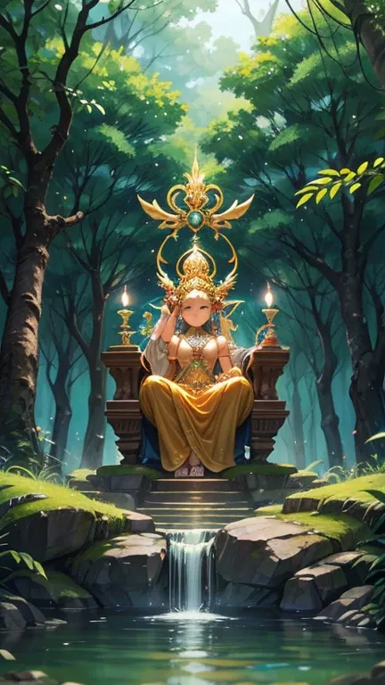 A serene and majestic scene of a golden deity, seated in a meditative pose on an intricately detailed throne, surrounded by mythical celestial beings. The deity is adorned with ornate traditional Thai-style jewelry and a grand headpiece, embodying divine e...