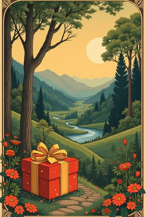 card in art nouveau style picturing landscape with surprise gifts