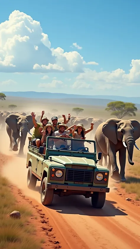 An ultra-realistic, high-resolution 8K digital painting of a dramatic moment in Kruger National Park, South Africa, featuring a group of tourists in an open safari vehicle being chased by a herd of large, majestic elephants. The tourists, wearing casual ou...