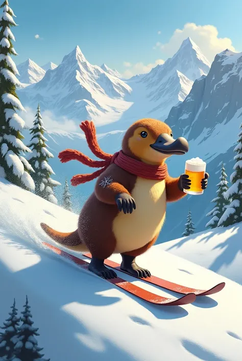 A platypus with a beak that can be seen descending the slopes on skis with a glass of beer in his hand with mountains in the background 