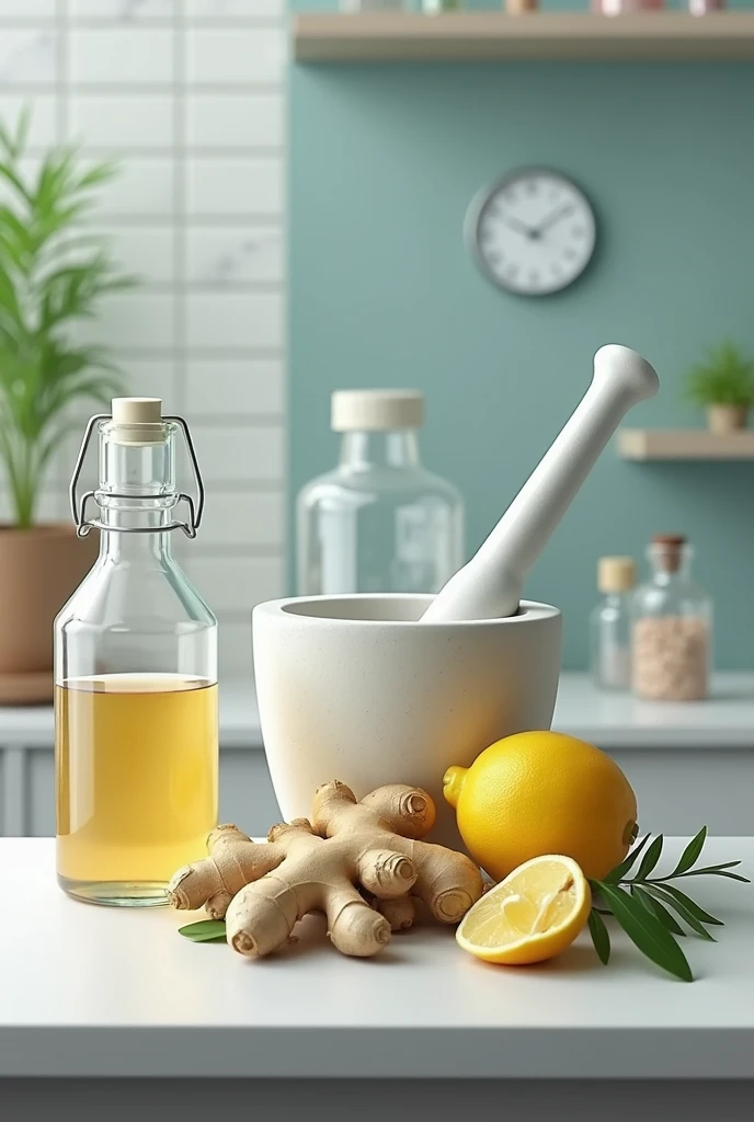  on a laboratory counter on top of this ginger , lemon , Mortar ,  filter paper  ,   ,  clock glass y  