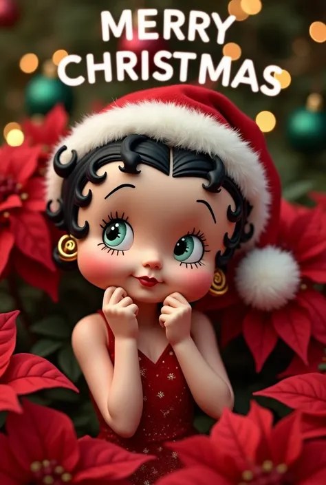 Baby betty boop, two hand touched to face, in christmas wear and christmas hat, smile, background full of red poinsettias flowers and green leaves with illuminated christmas balls, “MERRY CHRISTMAS” white word in semi circle “gigi” font style, romantic sty...