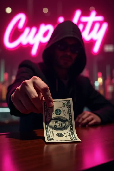 Inside nightclub "CUPIDITY" with pink neon sign with pinkish lightings, on the bar counter made of wood, one hand is dropping a 100 dollar bill. Focus on the hand and the 100$ bill. 