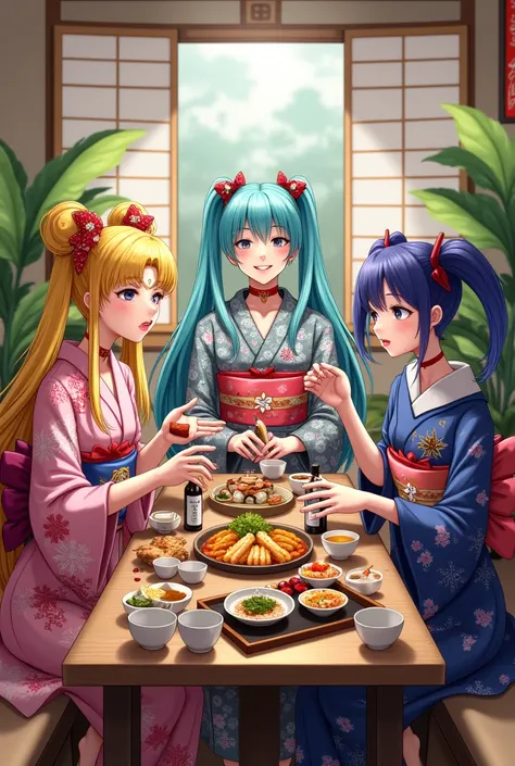 Sailor Moon and Hatsune Miku and Harley Quinn eat and drink in kimonos