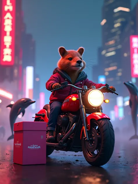 Dynamic scene of a Mr .  Capybara riding a red motorcycle， backed by pink takeout box with Foodpanda logo ， background is night city filled with fog and light 。Dolphins look calm focused 