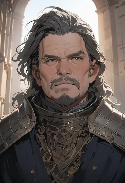 ( high quality, actual ,photo actual :1.37),( best quality ,4K,8K, high res,masterpiece:1.2),portrait,50 year old European dad,The revered , Adorable ， Terrible，Serious，Middle-aged and elderly man ，50年 medieval knight on the battlefield，Noble Knight ， kind...