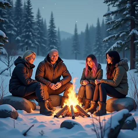 A muscular with pale skin, white skin, shaved head, professional bodybuilder sits around a campfire in a snowy winter setting, accompanied by four young women, all 23 years old, dressed appropriately for the cold weather. The bodybuilder is wearing a thick...