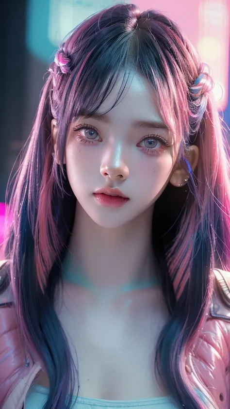 (masterpiece, highest quality, highest quality, Official Art, beautifully, aesthetic:1.2), Portrait Photography, (Cyberpunk beautiful girl 1 person), Big iridescent eyes, Beautiful skin, (Pink and blue long hair with bangs), Very detailed, (Neon colored fr...