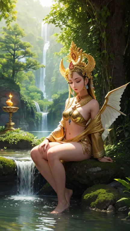 a serene and majestic scene of a golden deity, seated in a meditative pose on an intricately detailed throne, surrounded by myth...