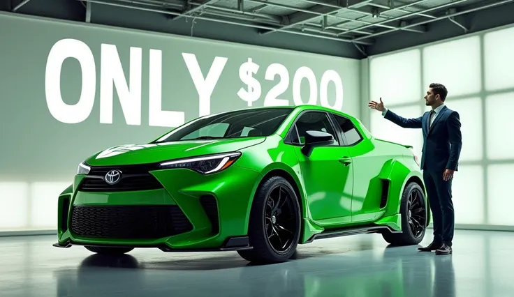 To generate an image similar to the one provided, here is a detailed prompt that could work:

"Create a futuristic Toyota Corolla concept truck in a bright green color, showcasing a muscular and bold design. The truck should feature exaggerated wheel arche...