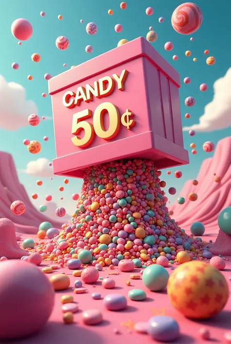 In the candy world, there is a giant box that releases a lot of candy and scatters on the ground. A box that say "candy 50 cents"