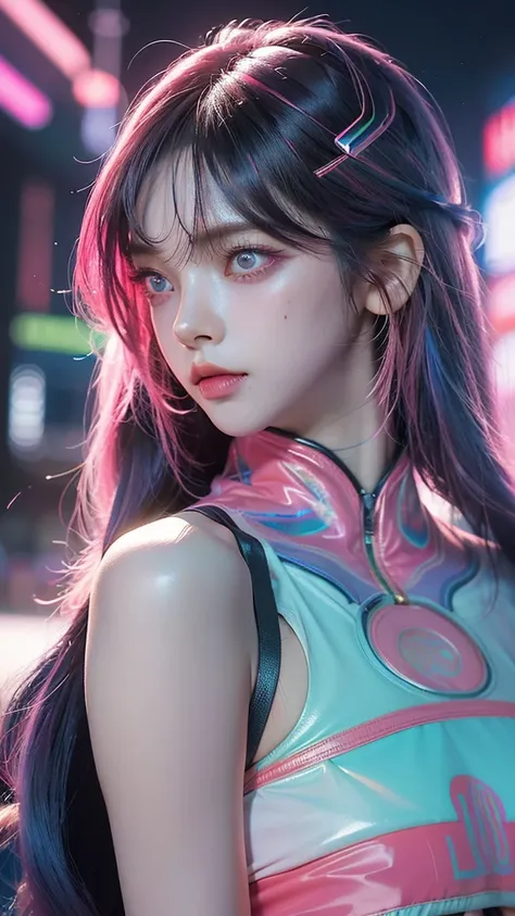 (masterpiece, highest quality, highest quality, Official Art, beautifully, aesthetic:1.2), Portrait Photography, (Cyberpunk beautiful girl 1 person), Big iridescent eyes, Beautiful skin, (Pink and blue long hair with bangs), Very detailed, (Neon colored fr...