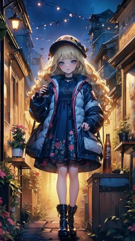  best quality,  very ，cute ,  blonde alone, Curly hair, evil，Floral Dress，  down jacket ，I would like to drink coffee from the shop on the night of the festival.，
