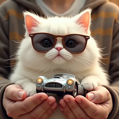  plump white cat wearing sunglasses。 F-1 miniature car I got as a Christmas present。Im happy to lift it with my hands 。