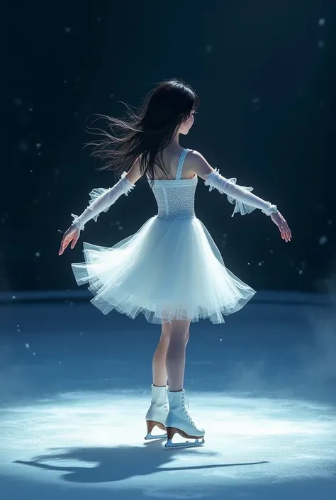 figure skating outfit. White, knee-length light, delicate, airy, a little fluffy, symbolizes beauty, love, sadness. A short girl with loose, long, wavy black hair, the outfit develops,, The background is blue, but dark. The girl is skating backwards, her a...