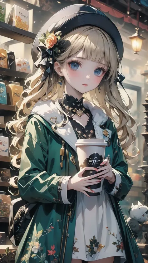  best quality,  very ，cute ,  blonde alone, Curly hair, evil，Floral Dress，  down jacket ，I would like to drink coffee from the shop on the night of the festival.，
