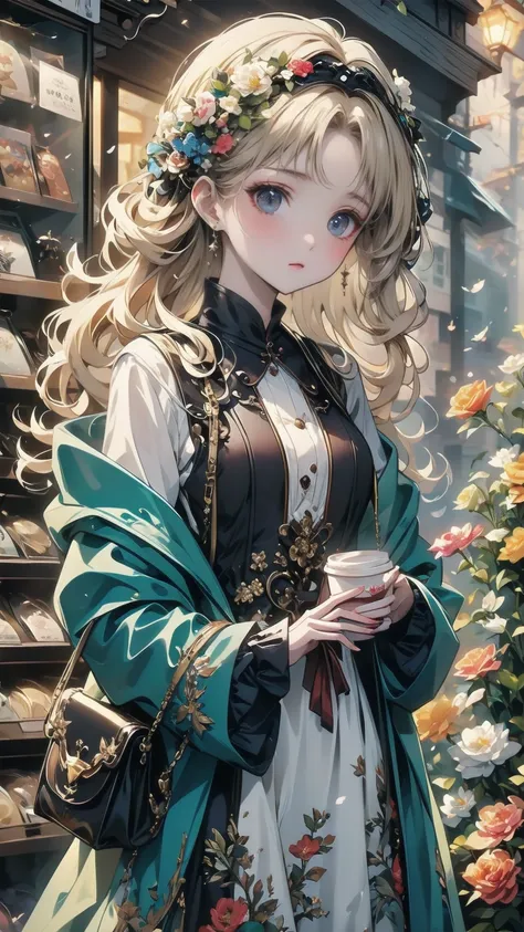  best quality,  very ，cute ,  blonde alone, Curly hair, evil，Floral Dress，  down jacket ，I would like to drink coffee from the shop on the night of the festival.，
