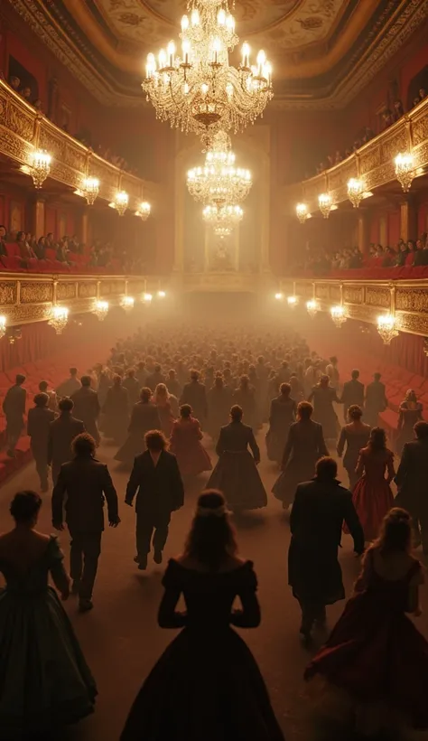 A chaotic scene inside a 19th-century theater with people running in all directions in shock and panic, their period attire flowing as they rush, gaslight chandeliers flickering above, the ornate red velvet seats and balconies adding a dramatic backdrop, v...