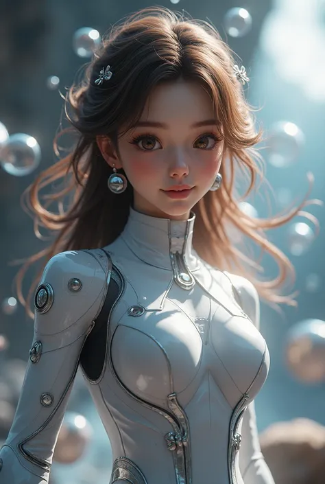 (( best quality )), (masterpiece)), (details: 1.4), 3d,  ridiculous resolution,  high res, (masterpiece: 1.4), Super Fine, Magical Bubbles floating everywhere,  beautiful girl 1 person, Futuristic female figure ,  shiny brown hair,  beautiful brown eyes , ...