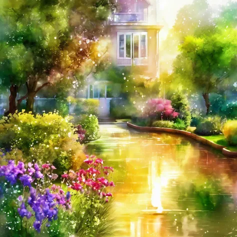 garden city scenery, watercolor painting (pouring, dripping, puddling techniques), blurred painting, water-based paint effects, BREAK delicate and dynamic textures, contrasts of light and shadow, 2.5D, artistic photography, hyper realistic, digital graphic...