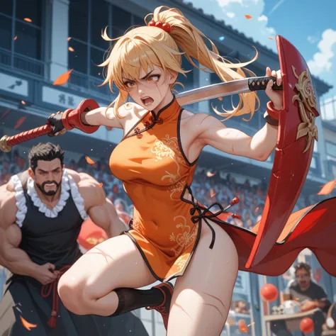 Maki from Final Fight 2 。Hit with weapons by a bunch of men。She is unilaterally hit with a weapon。She can&#39;t move。She is besieged。She has a blonde ponytail 。orange china dress 。 expression of pain。Covered in scars。Hold down。A situation where you cant es...