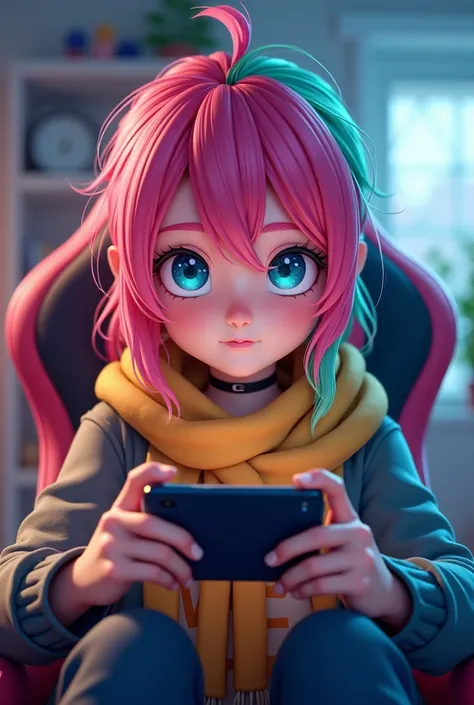 Un adolescent au cheveux rose vert avec des yeux bleu porte un cache nez assis sur une chaise gaming tenant sont téléphone en main 