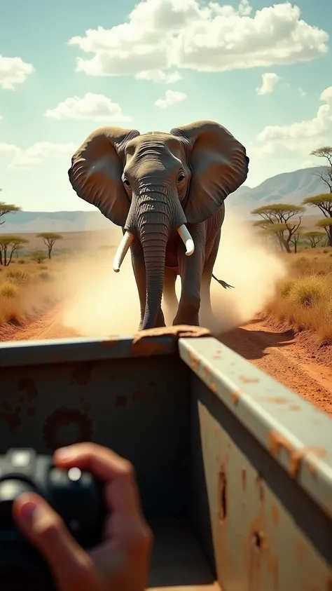 An ultra-realistic, high-resolution 8K image from the perspective of a photographers camera, capturing the adrenaline-filled moment as they ride in the back of a speeding pickup truck being chased by a massive African elephant. The scene is framed through ...